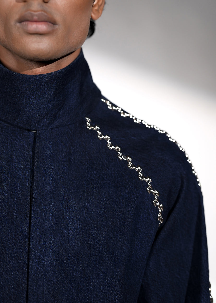 ROSANI The Cloister jacket in midnight denim - metallic seam detail and wrap collar, close-up