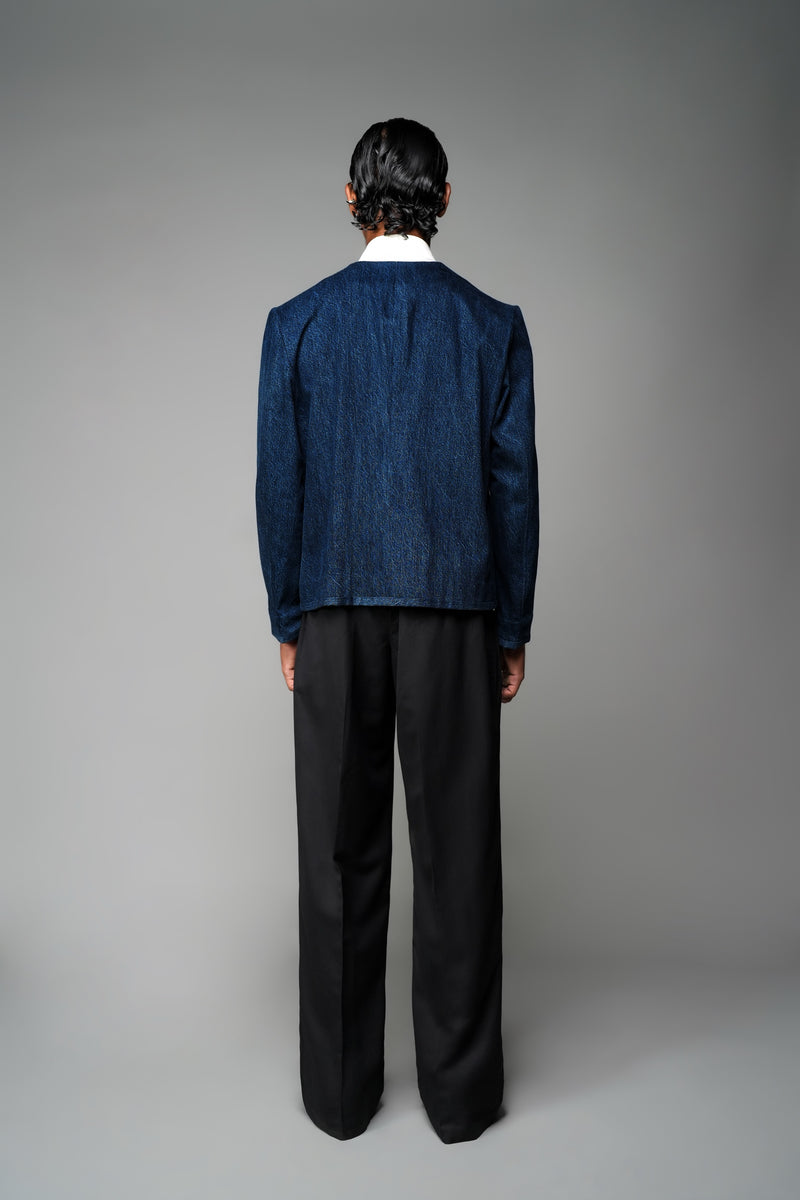 ROSANI The Core jacket in midnight denim - cropped wrap-front jacket with clean V neckline and long sleeves, back view