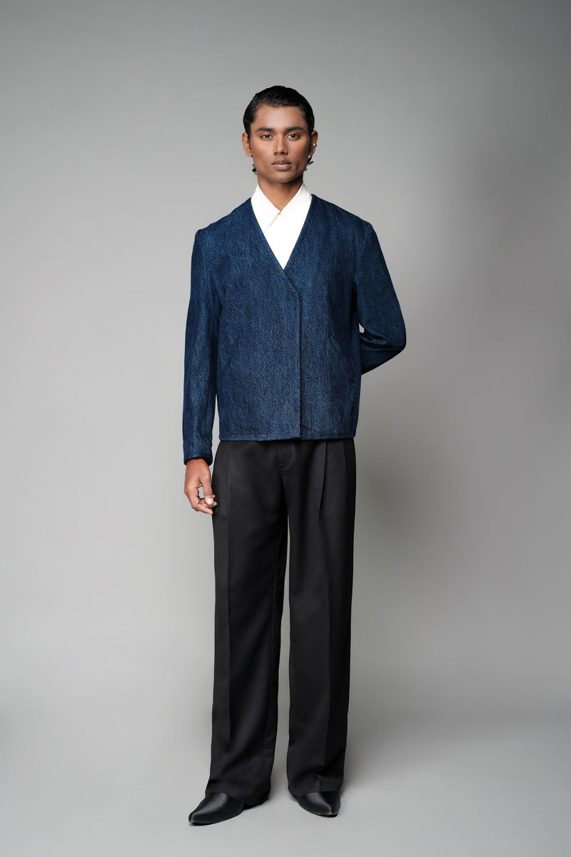 ROSANI The Core jacket in midnight denim - cropped wrap-front jacket with clean V neckline and long sleeves, front view