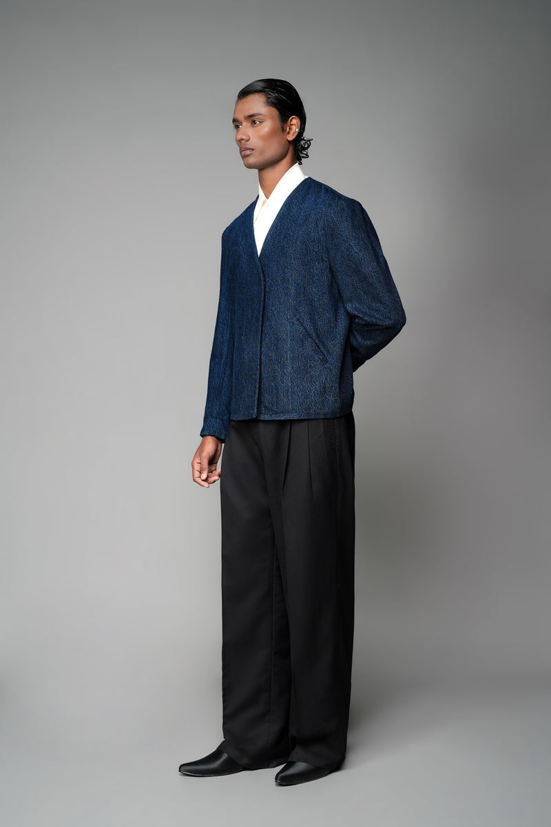 ROSANI The Core jacket in midnight denim - cropped wrap-front jacket with clean V neckline and long sleeves, front side view
