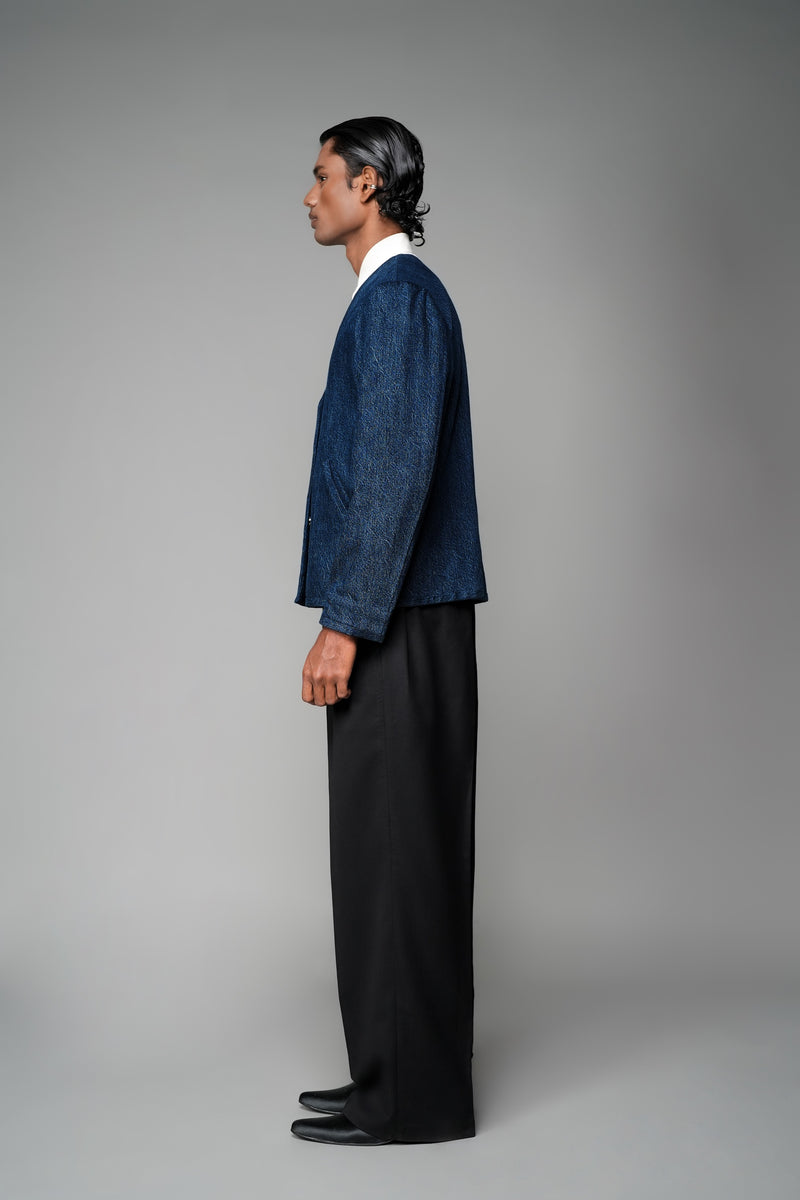 ROSANI The Core jacket in midnight denim - cropped wrap-front jacket with clean V neckline and long sleeves, side view