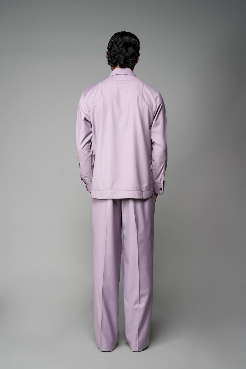 ROSANI The Corridor shirt in wisteria - long-sleeve tailored shirt with sharp pointed collar, string tie and curved hem, back view