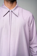 ROSANI The Corridor shirt in wisteria - long-sleeve tailored shirt with sharp pointed collar, string tie and curved hem, detail view