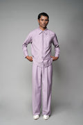 ROSANI The Corridor shirt in wisteria - long-sleeve tailored shirt with sharp pointed collar, string tie and curved hem, front view