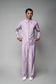ROSANI The Corridor shirt in wisteria - long-sleeve tailored shirt with sharp pointed collar, string tie and curved hem, front view