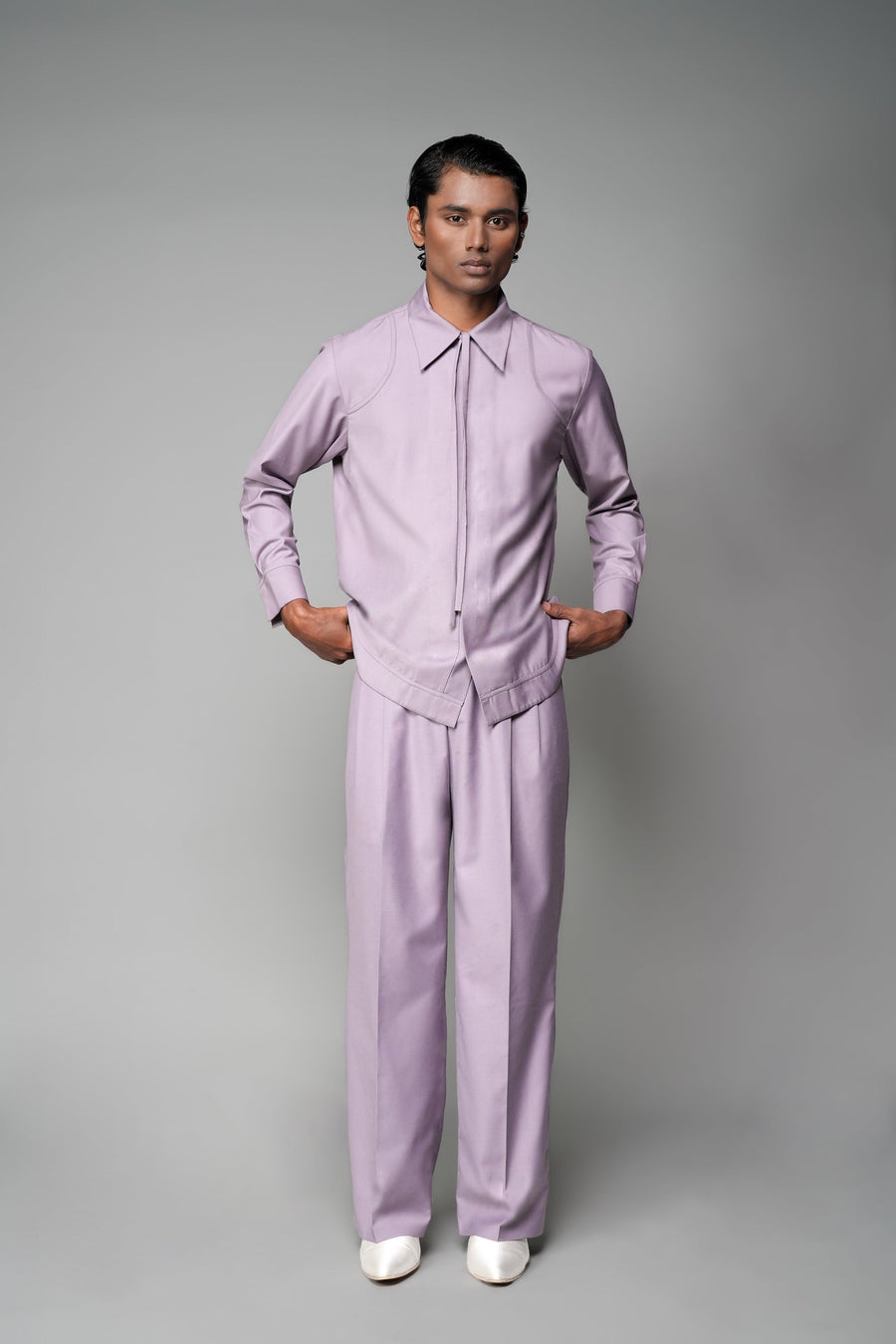 ROSANI The Corridor shirt in wisteria - long-sleeve tailored shirt with sharp pointed collar, string tie and curved hem, front view
