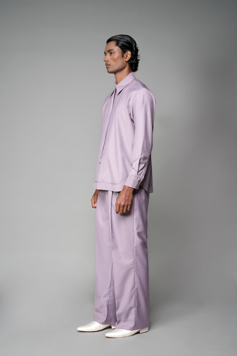 ROSANI The Corridor shirt in wisteria - long-sleeve tailored shirt with sharp pointed collar, string tie and curved hem, front side view