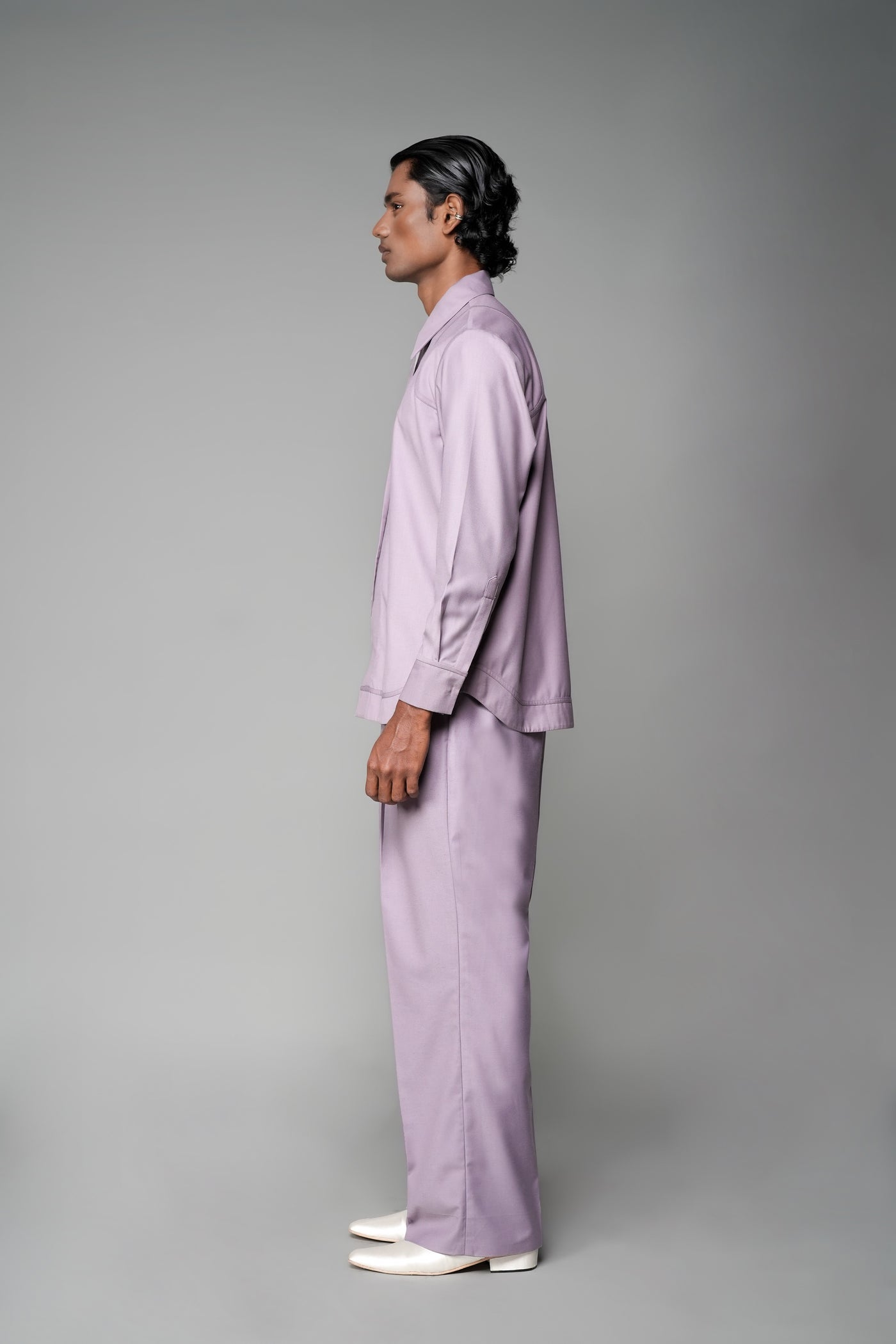 ROSANI The Corridor shirt in wisteria - long-sleeve tailored shirt with sharp pointed collar, string tie and curved hem, side view