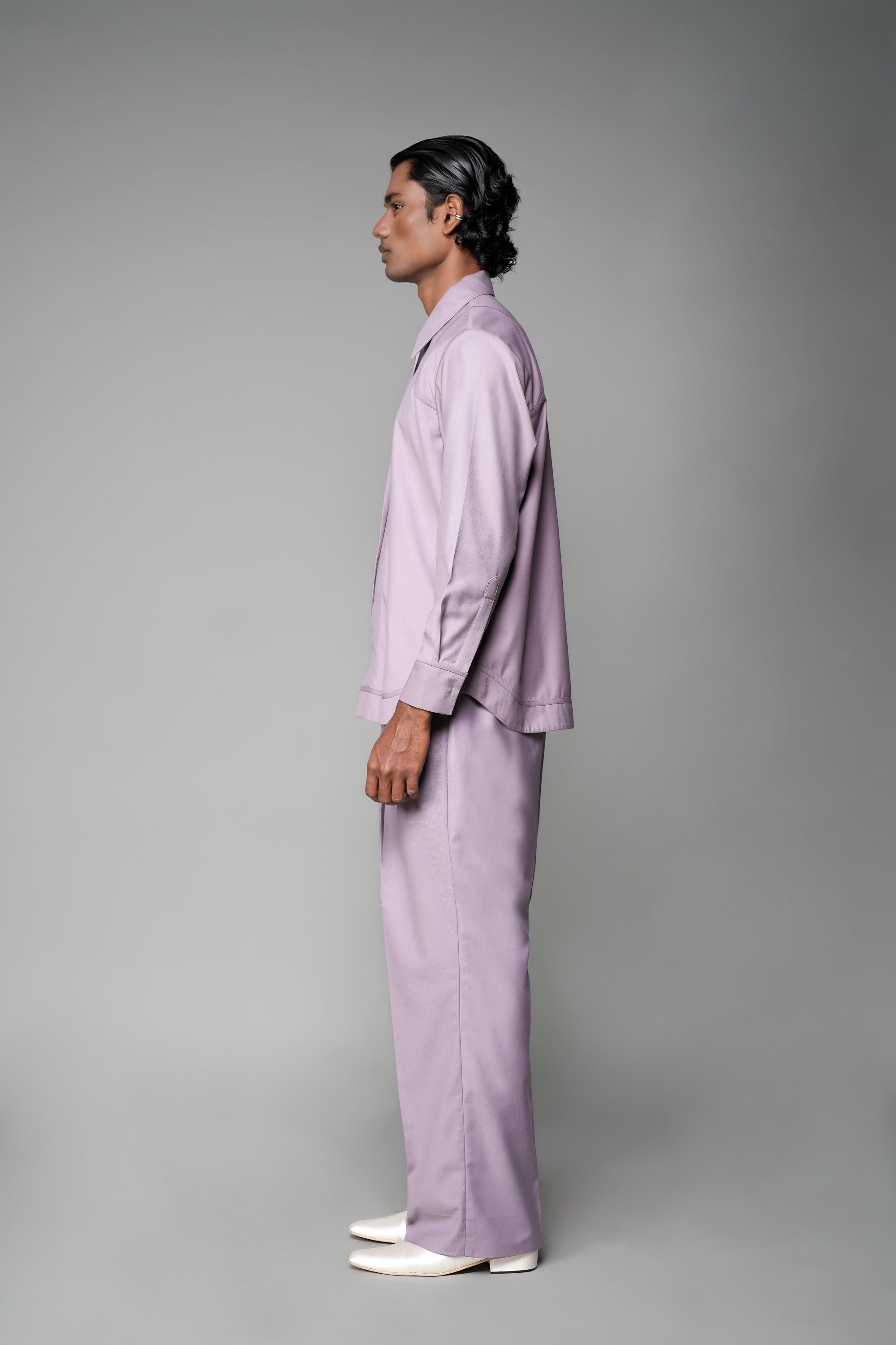ROSANI The Corridor shirt in wisteria - long-sleeve tailored shirt with sharp pointed collar, string tie and curved hem, side view