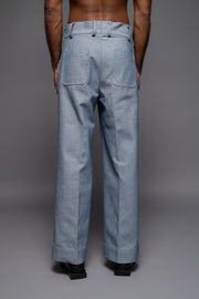ROSANI The Cucuk trouser in light denim - straight-leg embellished denim trousers with thorn-inspired embroidery along the leg, back view