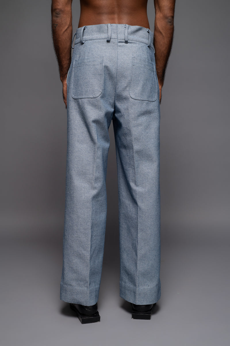 ROSANI The Cucuk trouser in light denim - straight-leg embellished denim trousers with thorn-inspired embroidery along the leg, back view