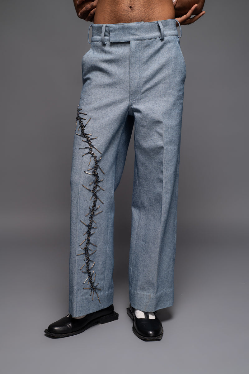ROSANI The Cucuk trouser in light denim - straight-leg embellished denim trousers with thorn-inspired embroidery along the leg, front view