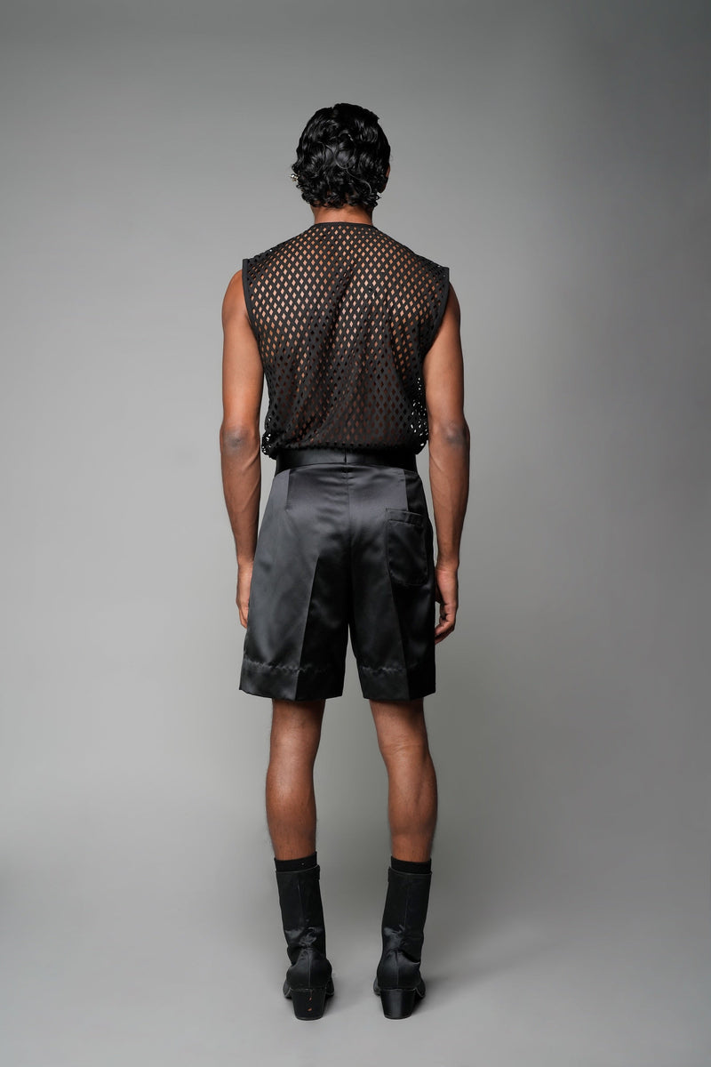 ROSANI The Echo shorts in black - tailored satin shorts with high waist and wide cuffs at hem, back view