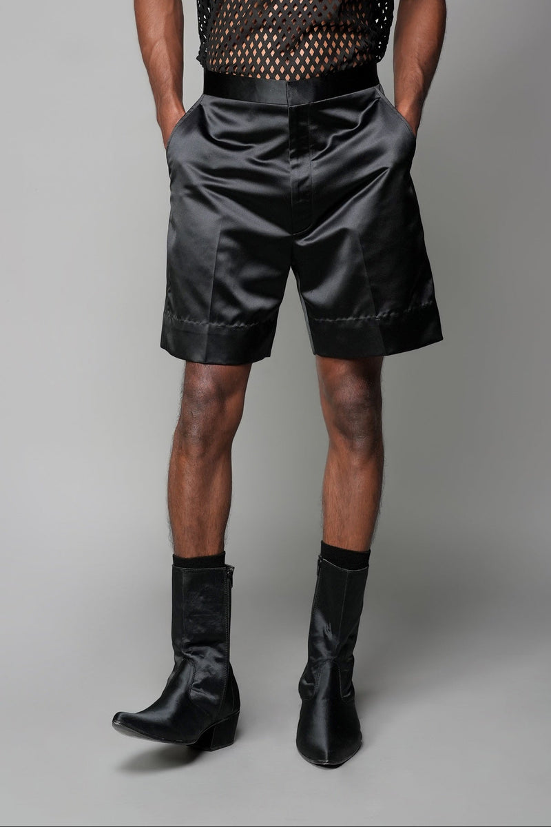 ROSANI The Echo shorts in black - tailored satin shorts with high waist and wide cuffs at hem, front view