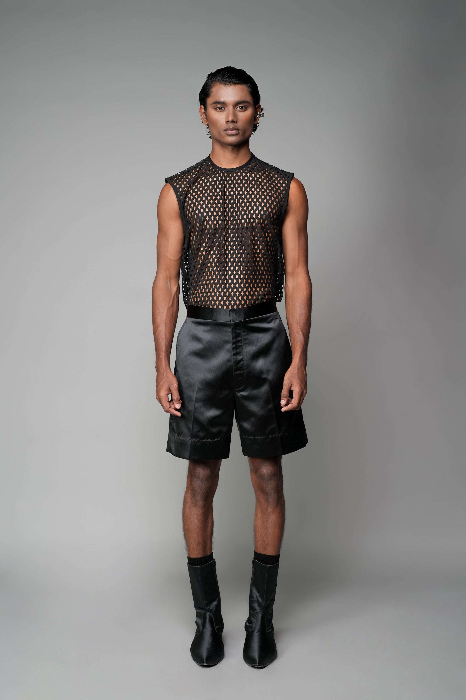 ROSANI The Echo shorts in black - tailored satin shorts with high waist and wide cuffs at hem, full front view