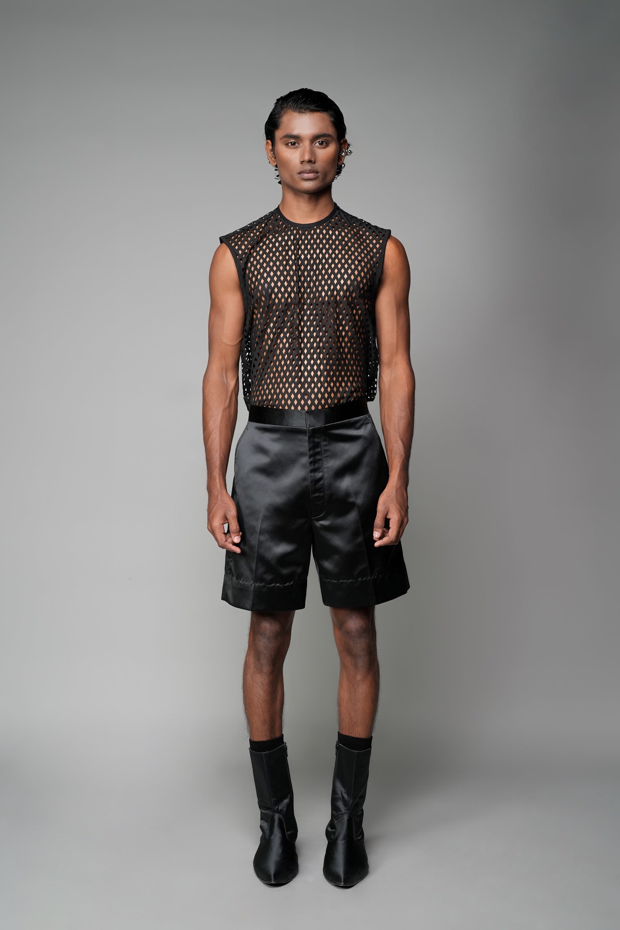 ROSANI The Echo shorts in black - tailored satin shorts with high waist and wide cuffs at hem, full front view