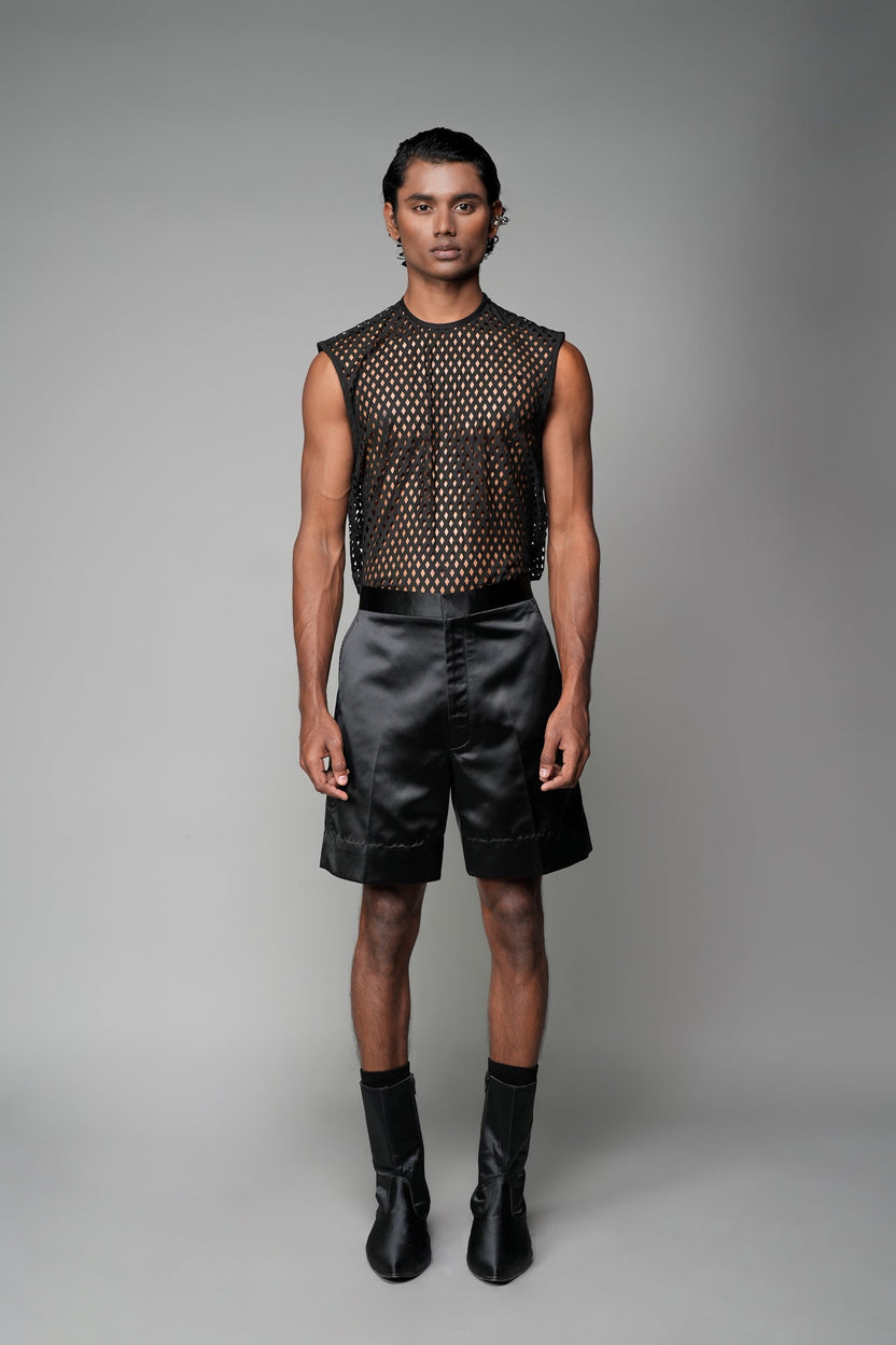ROSANI The Echo shorts in black - tailored satin shorts with high waist and wide cuffs at hem, full front view