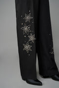 ROSANI The Eden trouser in black - mid-rise tailored trousers with straight-leg fit and metallic embroidered stars on the legs, detail view