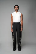 ROSANI The Eden trouser in black - mid-rise tailored trousers with straight-leg fit and metallic embroidered stars on the legs, front view