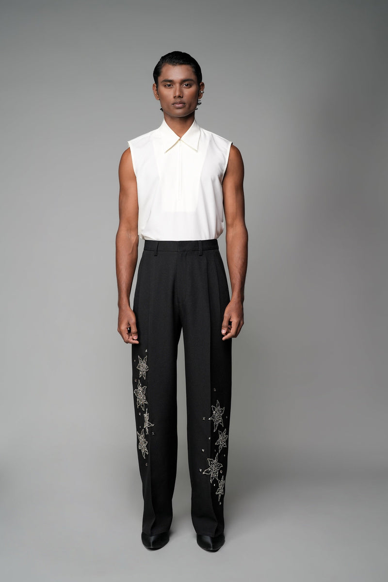 ROSANI The Eden trouser in black - mid-rise tailored trousers with straight-leg fit and metallic embroidered stars on the legs, front view