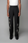 ROSANI The Eden trouser in black - mid-rise tailored trousers with straight-leg fit and metallic embroidered stars on the legs, front view