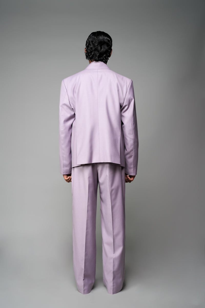 ROSANI The Enclave blazer in wisteria - oversized double-breasted blazer with asymmetric overlap and patch pockets, back view