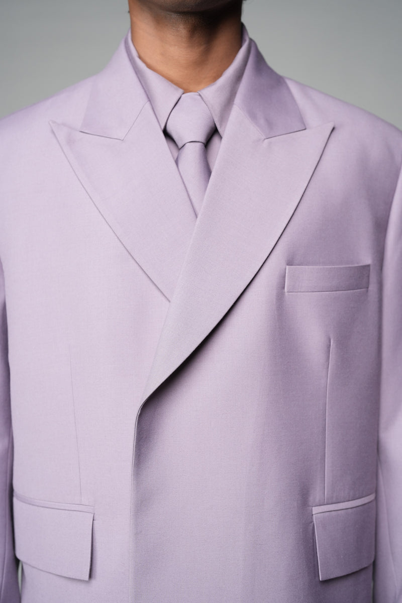 ROSANI The Enclave blazer in wisteria - oversized double-breasted blazer with asymmetric overlap and patch pockets, detail view