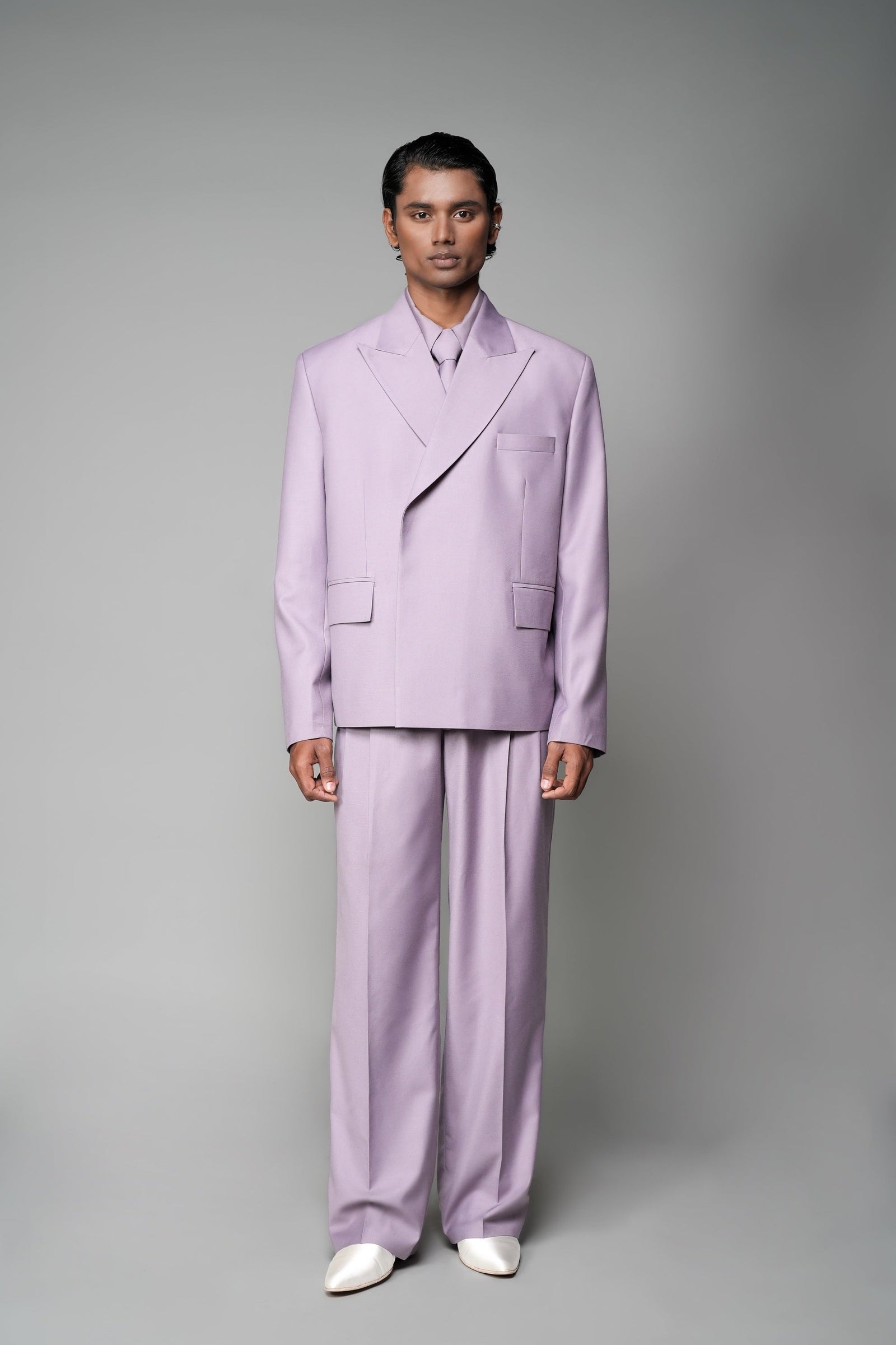 ROSANI The Enclave blazer in wisteria - oversized double-breasted blazer with asymmetric overlap and patch pockets, front view