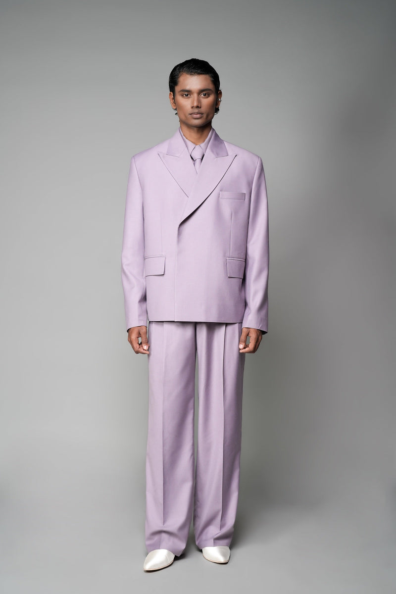 ROSANI The Enclave blazer in wisteria - oversized double-breasted blazer with asymmetric overlap and patch pockets, front view