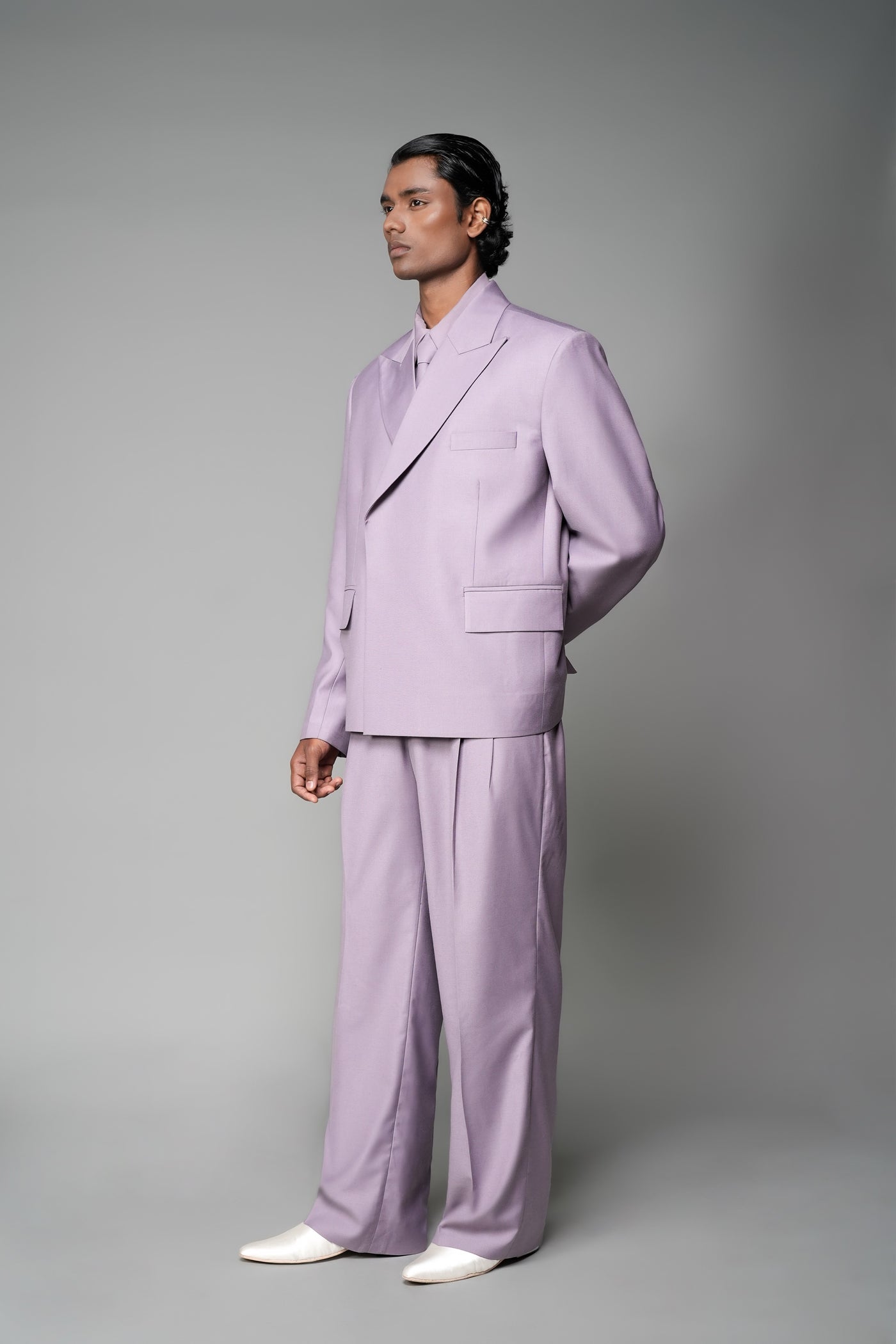 ROSANI The Enclave blazer in wisteria - oversized double-breasted blazer with asymmetric overlap and patch pockets, front side view