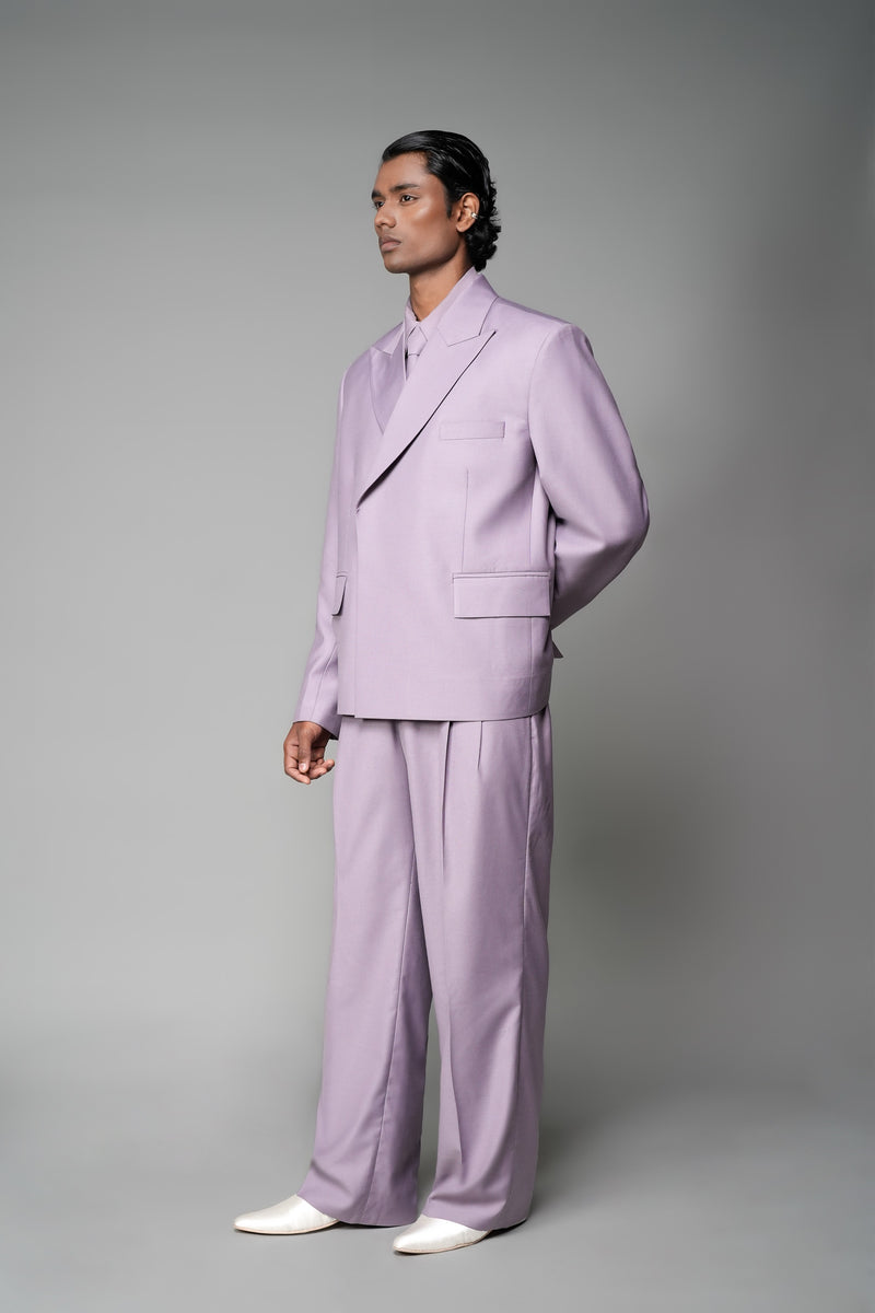 ROSANI The Enclave blazer in wisteria - oversized double-breasted blazer with asymmetric overlap and patch pockets, front side view