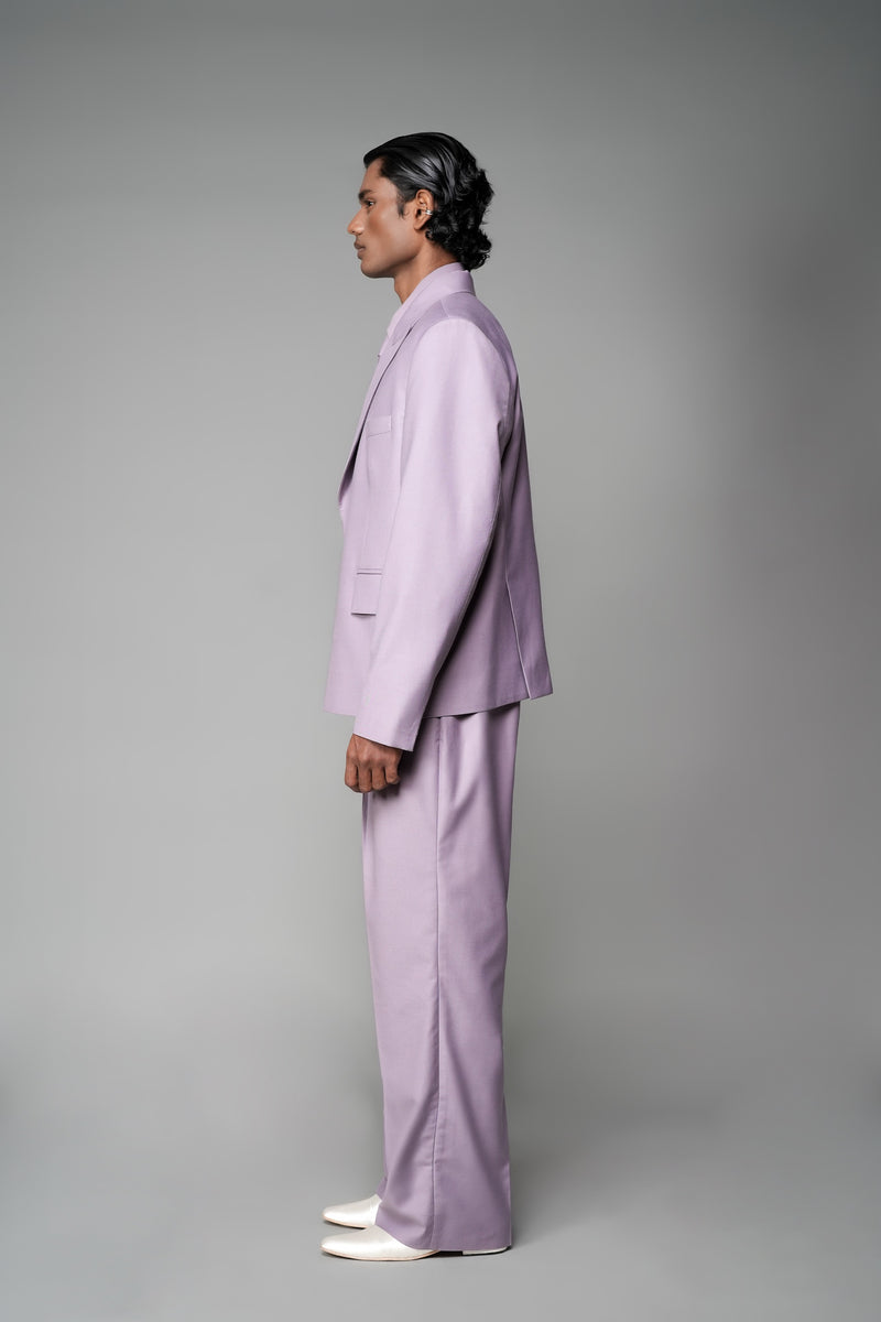 ROSANI The Enclave blazer in wisteria - oversized double-breasted blazer with asymmetric overlap and patch pockets, side view