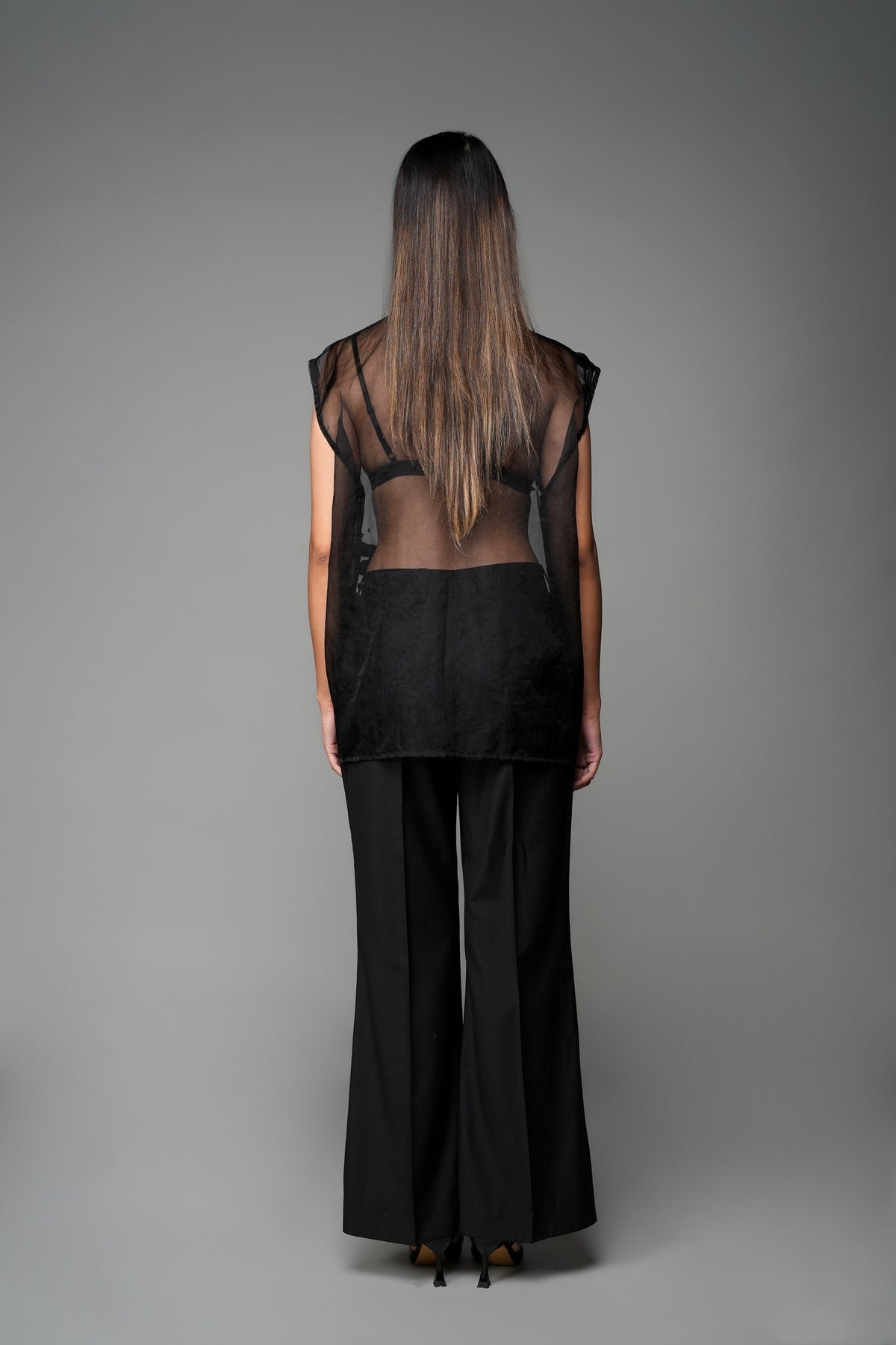 ROSANI The Fern top in black - sheer organza sleeveless top with embroidered florals, back view