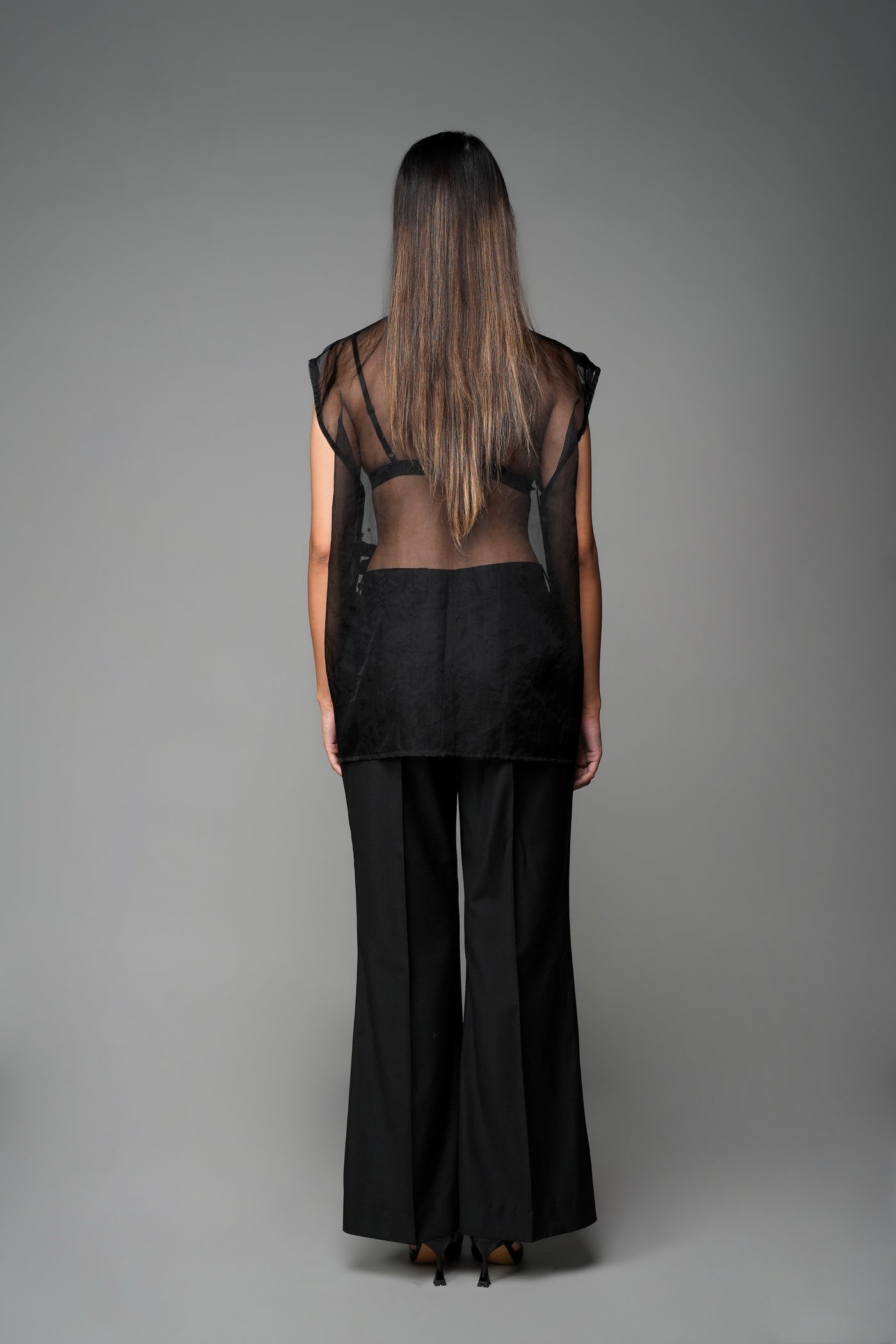 ROSANI The Fern top in black - sheer organza sleeveless top with embroidered florals, back view
