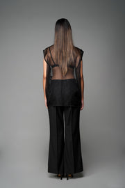ROSANI The Fern top in black - sheer organza sleeveless top with embroidered florals, back view