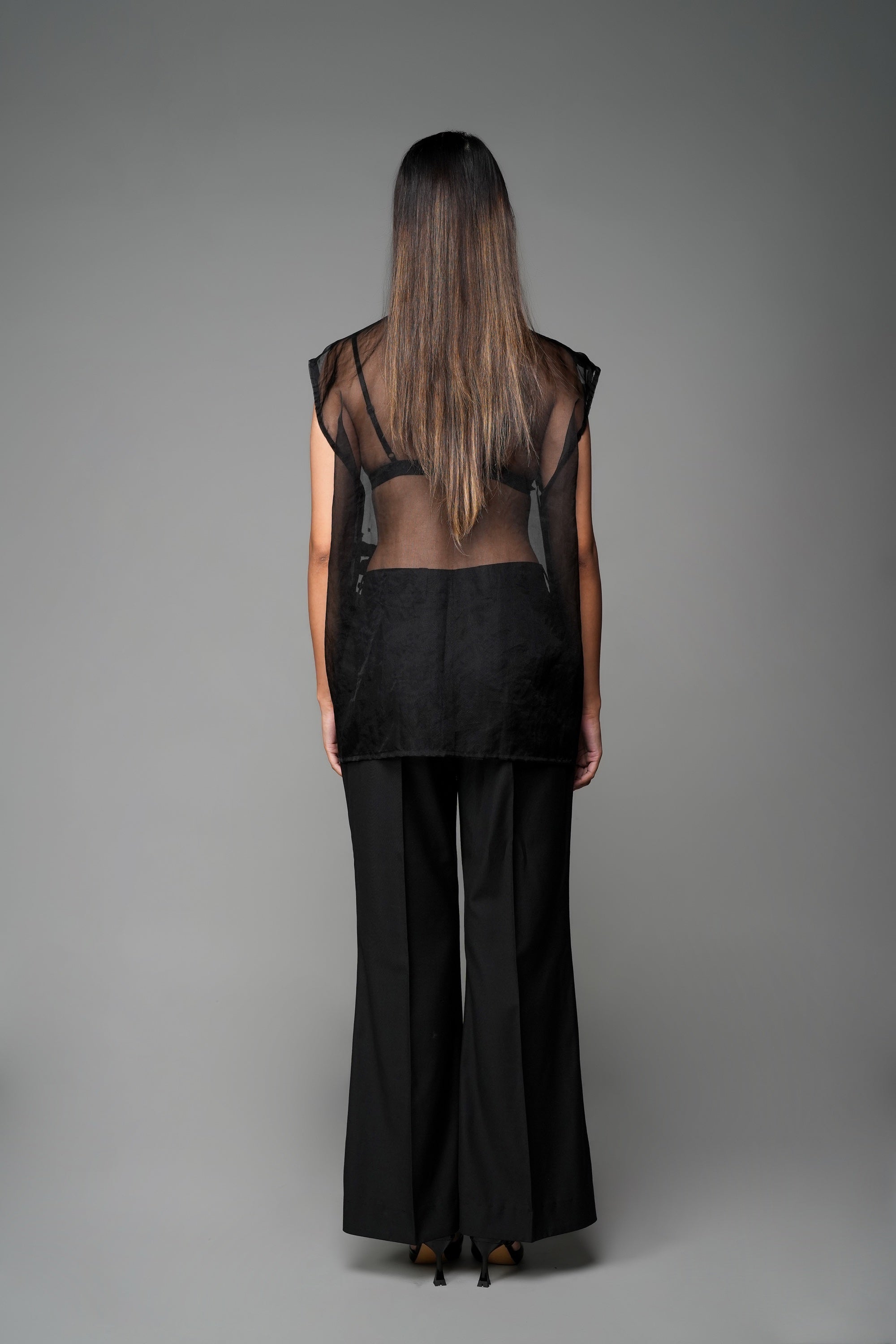 ROSANI The Fern top in black - sheer organza sleeveless top with embroidered florals, back view