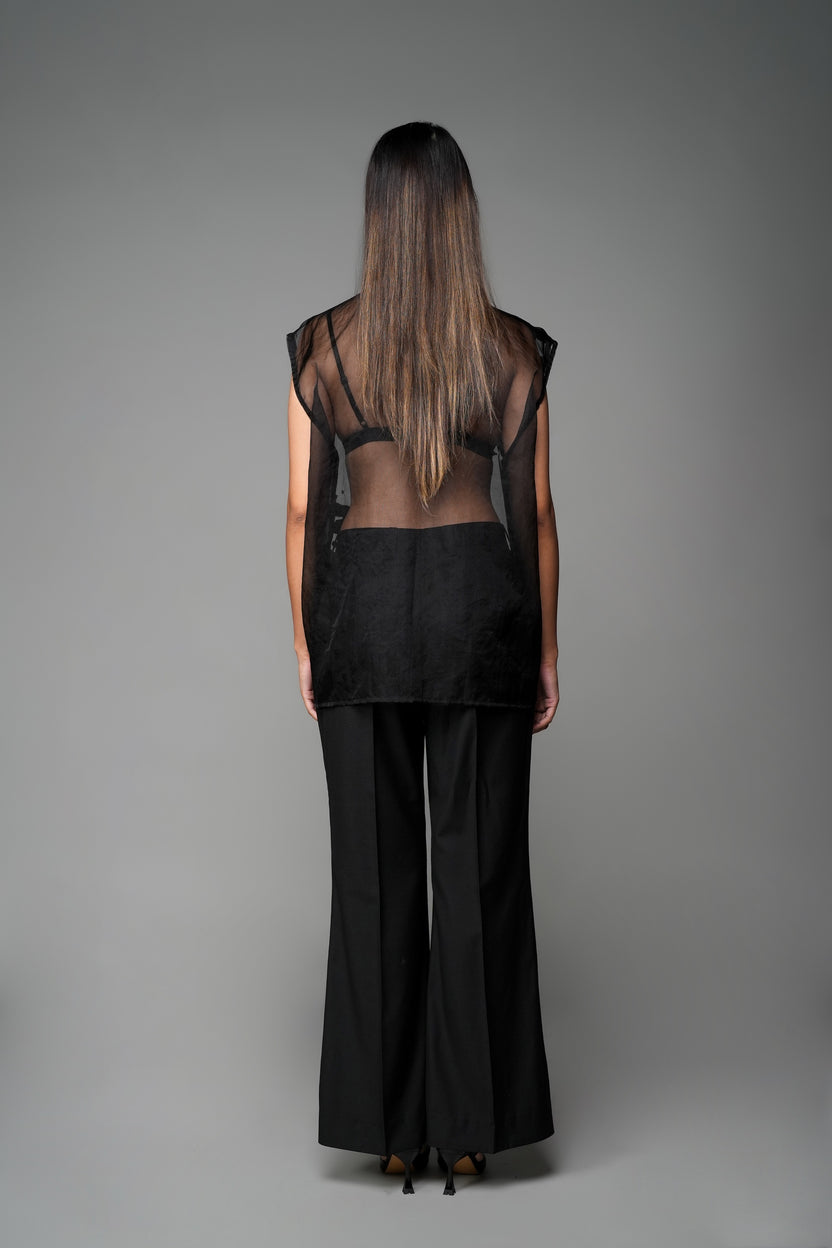 ROSANI The Fern top in black - sheer organza sleeveless top with embroidered florals, back view