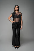 ROSANI The Fern top in black - sheer organza sleeveless top with asymmetric floral embroidery, front view