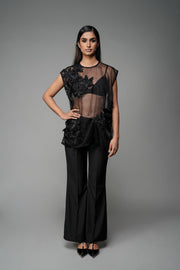 ROSANI The Fern top in black - sheer organza sleeveless top with asymmetric floral embroidery, front view
