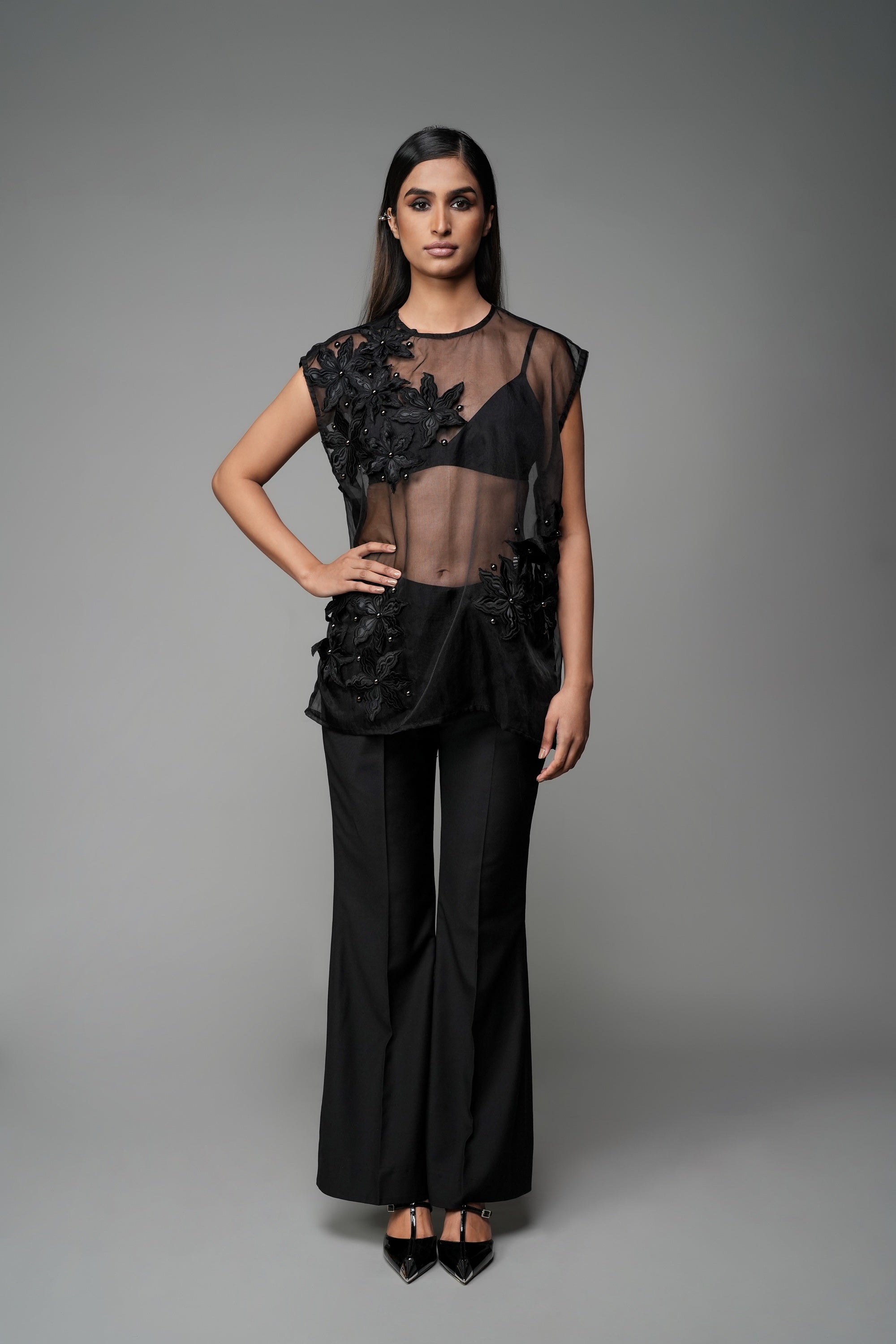 ROSANI The Fern top in black - sheer organza sleeveless top with asymmetric floral embroidery, front view