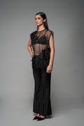 ROSANI The Fern top in black - sheer organza sleeveless top with embroidered florals, front side view