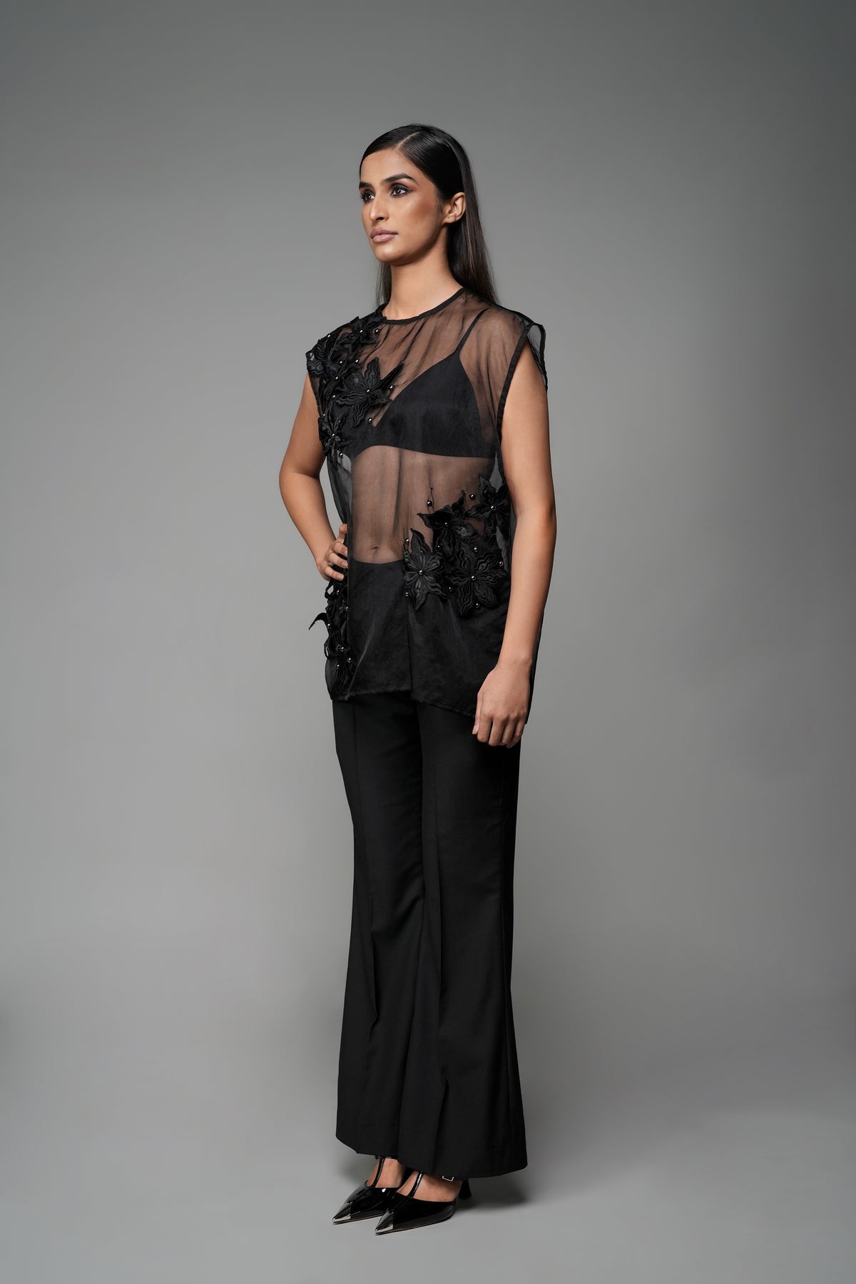 ROSANI The Fern top in black - sheer organza sleeveless top with embroidered florals, front side view