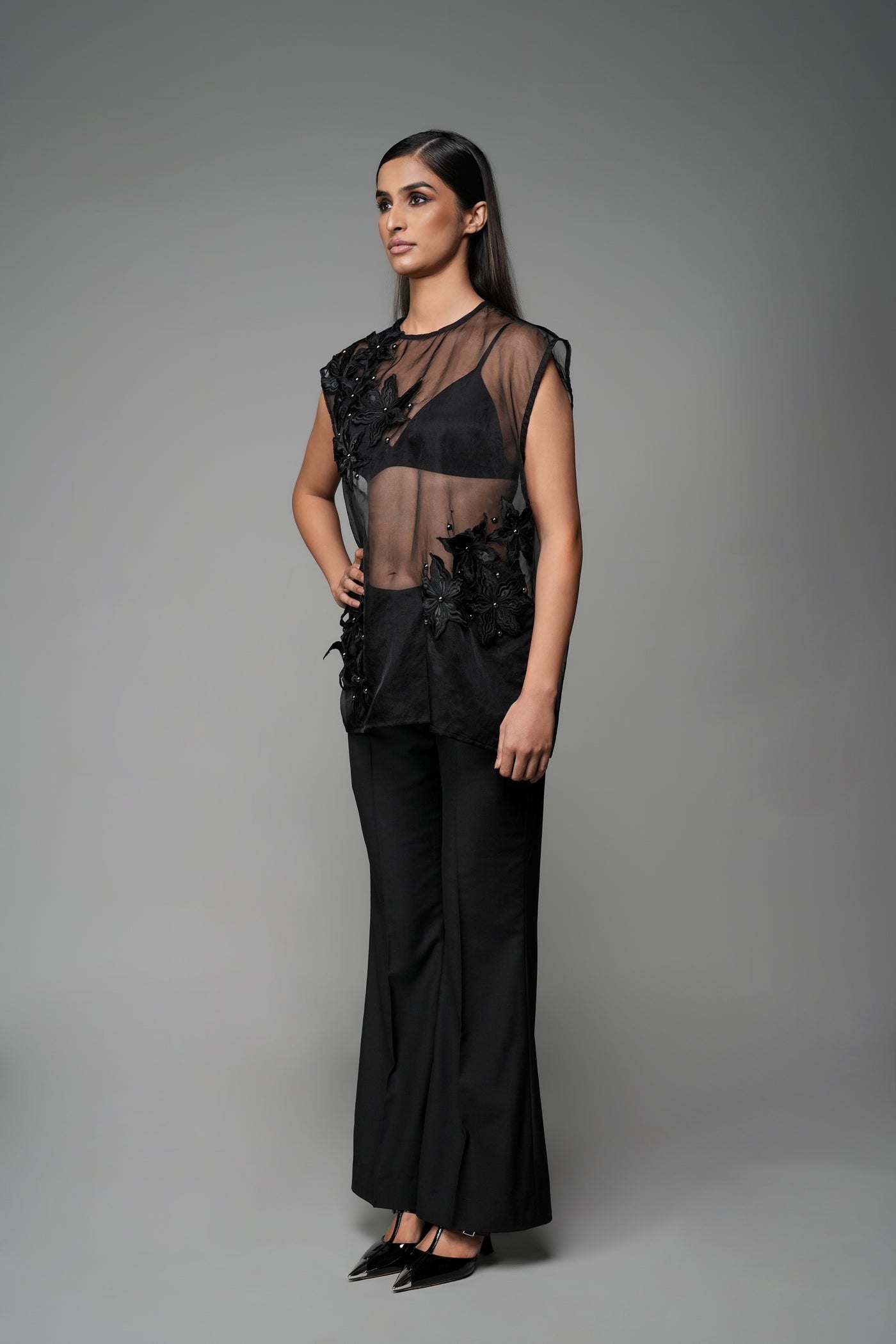 ROSANI The Fern top in black - sheer organza sleeveless top with embroidered florals, front side view