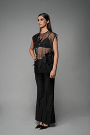 ROSANI The Fern top in black - sheer organza sleeveless top with embroidered florals, front side view