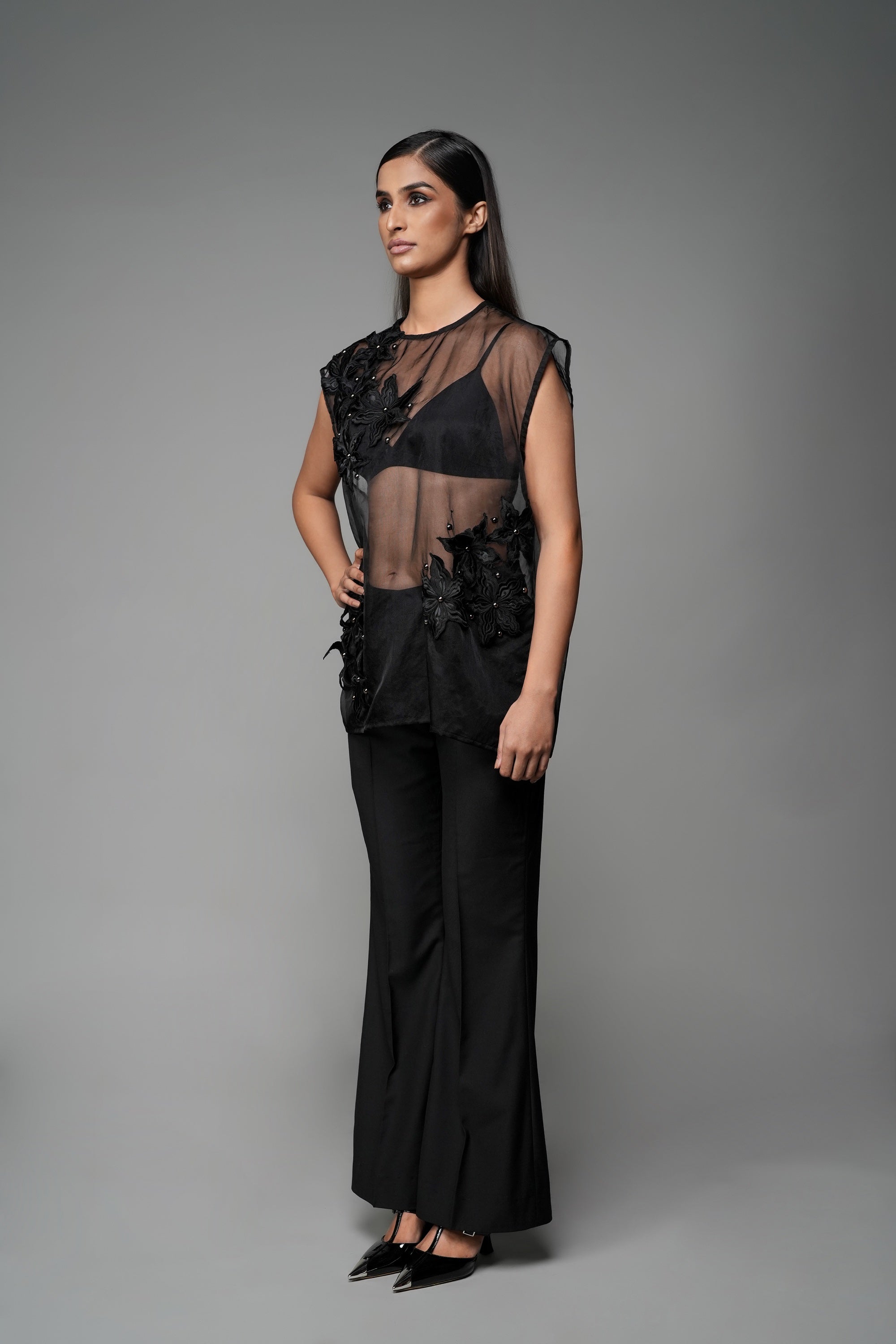 ROSANI The Fern top in black - sheer organza sleeveless top with embroidered florals, front side view