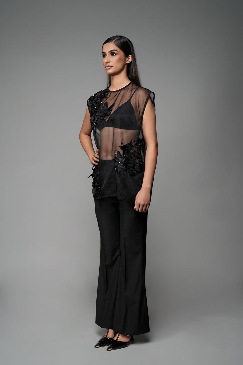 ROSANI The Fern top in black - sheer organza sleeveless top with embroidered florals, front side view