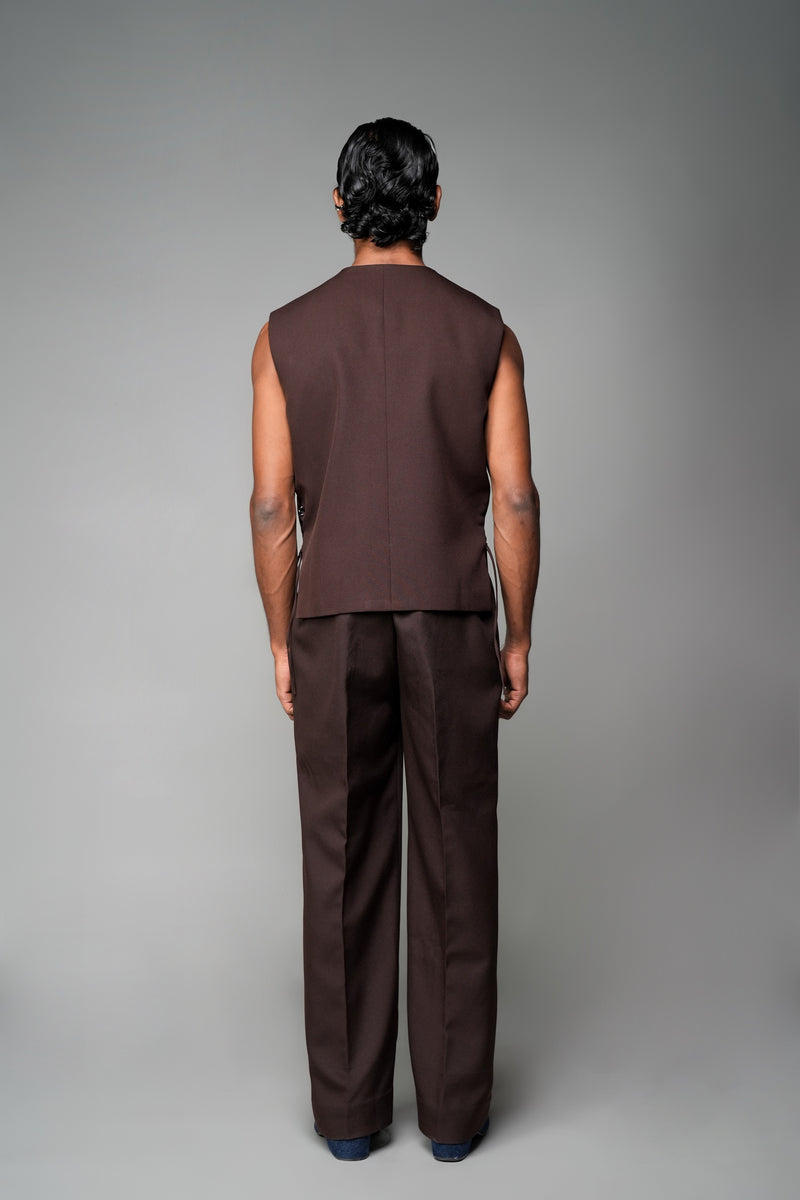 ROSANI The Forme vest in mocha - structured sleeveless vest with metallic loop waist detail, back view