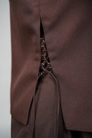 ROSANI The Forme vest in mocha - metallic loop and tie-up waist detail, close-up
