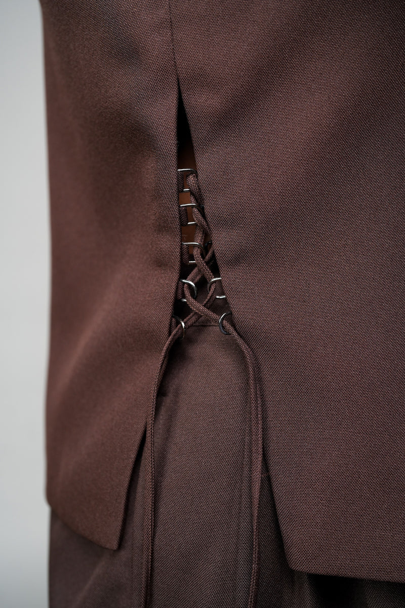ROSANI The Forme vest in mocha - metallic loop and tie-up waist detail, close-up