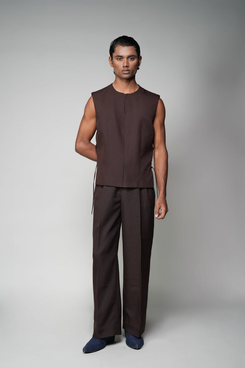 ROSANI The Forme vest in mocha - structured sleeveless vest with metallic loop waist detail, front view